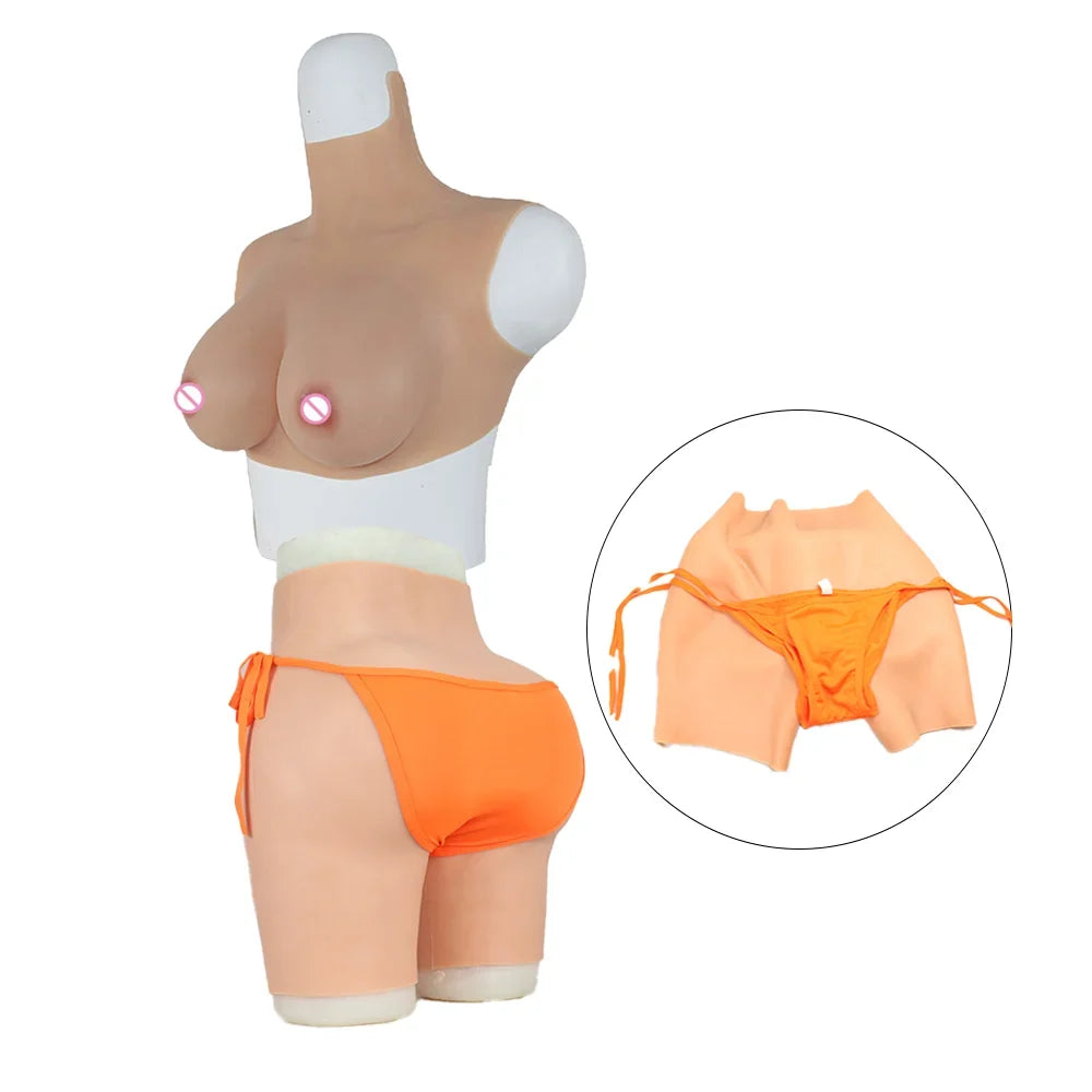 Realistic Hiding Penis Female Silicone Vagina Pant and G/H Cup Silicone Boobs for Crossdresser Costume Sissy Transgender Cosplay