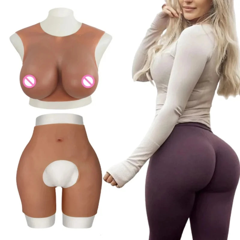 Silicone Huge Breast Forms Cotton Fill and Big Buttocks Hips Padding Pants Shapewear Set Realistic Fack Boobs for Women